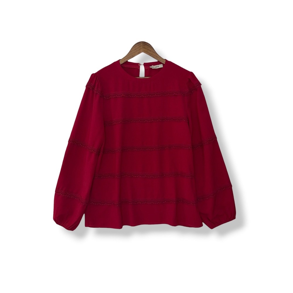 Grace Karin Blouse L Red Lace Trim Crochet Long Sleeve Top Romantic Peasant Chic